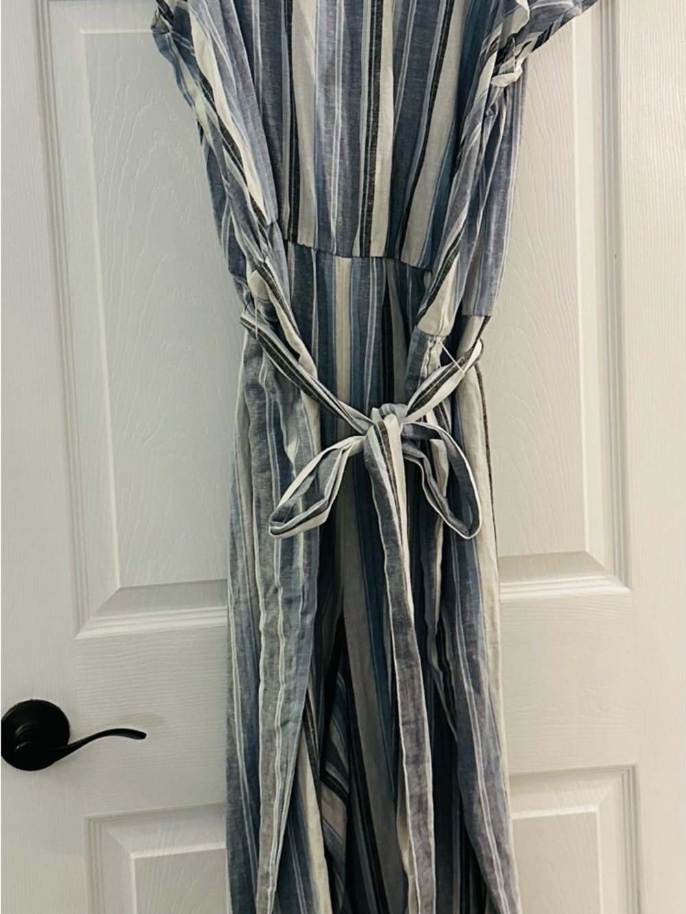 Lane Bryant Blue and White Striped Linen Blend Jumpsuit with wide legs